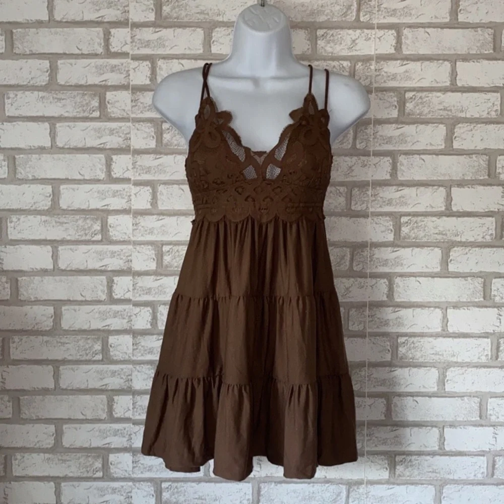 Brown Crochet Lace Cami Mini Dress Tiered Boho Sundress - Picture 2 of 4